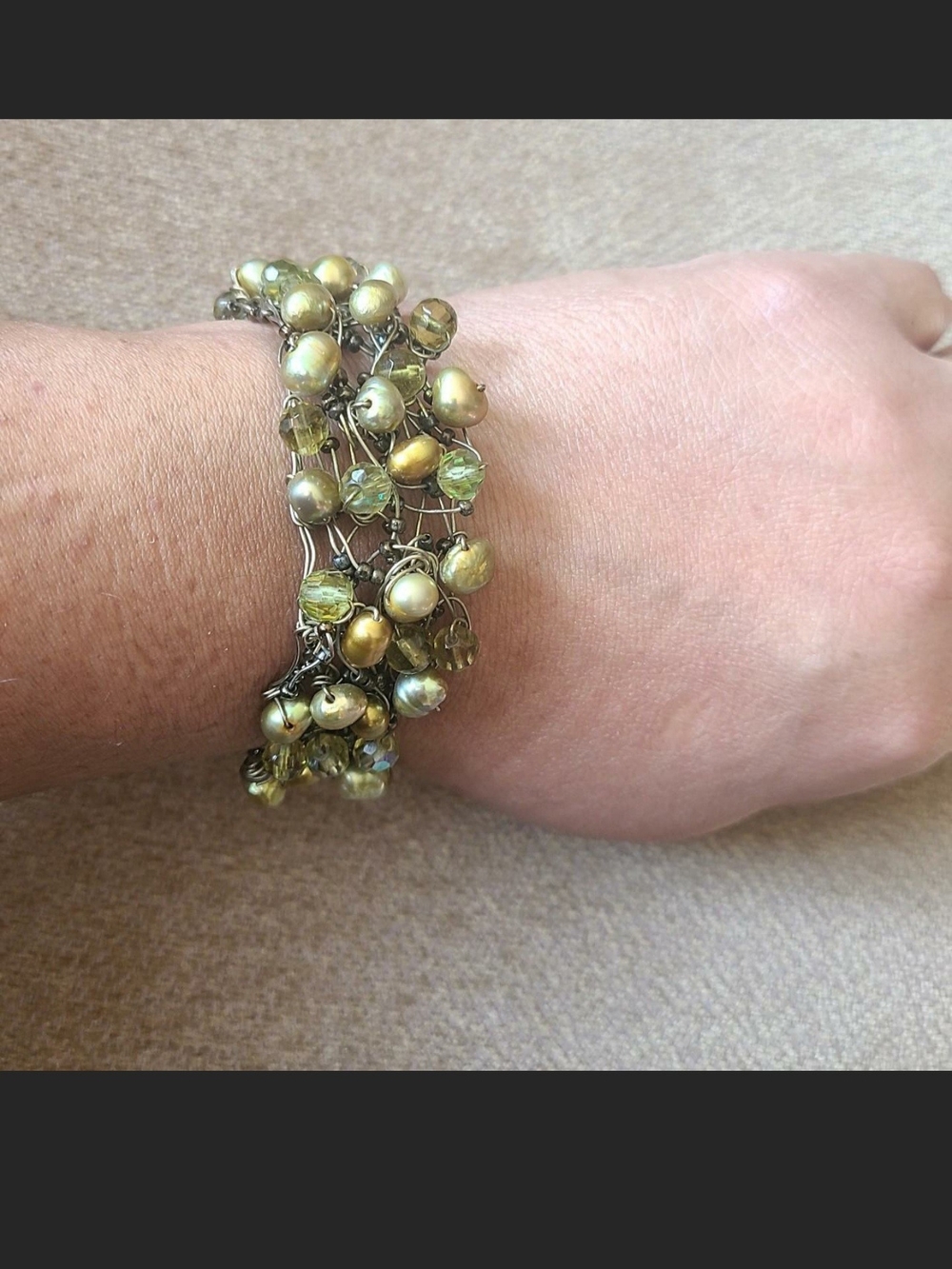 Olive Green Pearl and Crystal Multi-Strand Bracelet